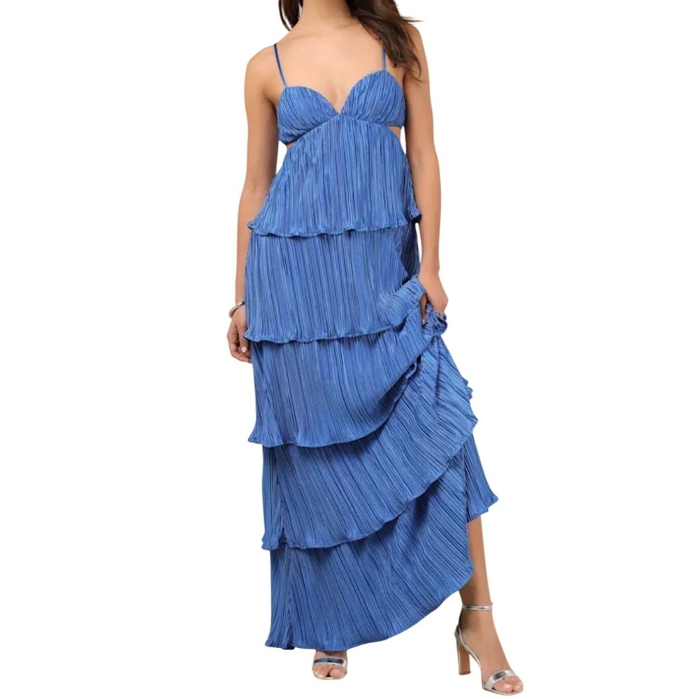NWT Lulus Kanya Blue Satin Plisse Tiered Maxi Dress L Formal Gown Cutouts *READ